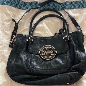 Tory Burch Black and Gold Shoulder Bag with Logo Medallion